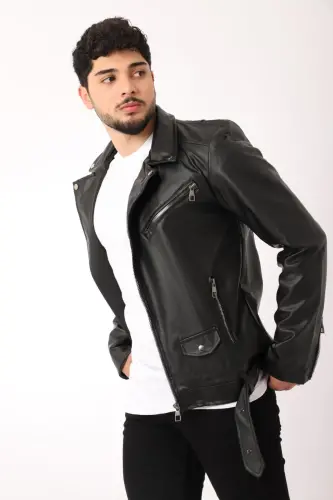 Kuzey Beli Kemerli Suni Deri Ceket BL 1261-50268 - SİYAH 