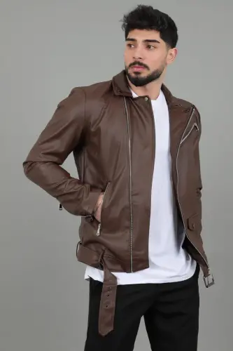 Kuzey Beli Kemerli Suni Deri Ceket BL 1261-50268 - KAHVERENGİ - STILKOMBIN (1)