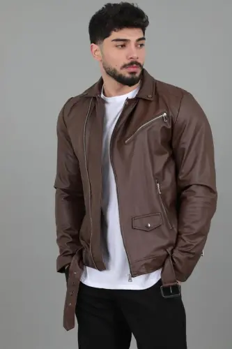 Kuzey Beli Kemerli Suni Deri Ceket BL 1261-50268 - KAHVERENGİ - 3
