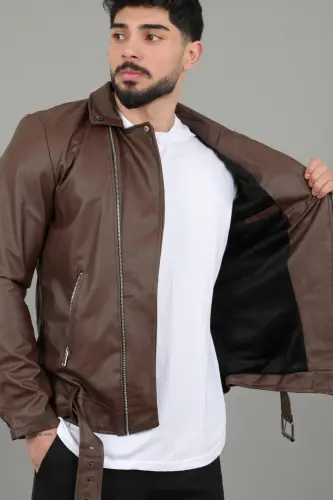 Kuzey Beli Kemerli Suni Deri Ceket BL 1261-50268 - KAHVERENGİ - 4