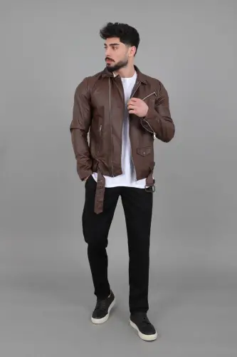 Kuzey Beli Kemerli Suni Deri Ceket BL 1261-50268 - KAHVERENGİ - 5