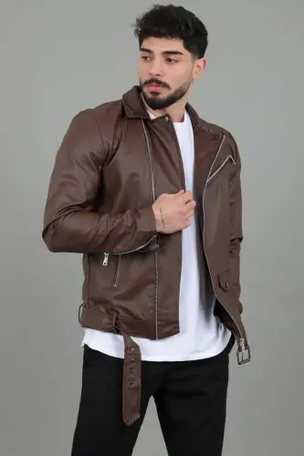 Kuzey Beli Kemerli Suni Deri Ceket BL 1261-50268 - KAHVERENGİ - 6