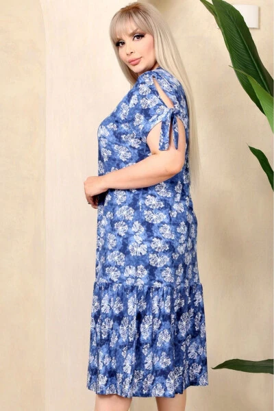 Kvadrat bo'yinli kapalak naqshli qisqa yengli yelka oynali fırfırli tizza ostidagi midi uzunlikdagi yuviladigan elastik ko'ylak - 3