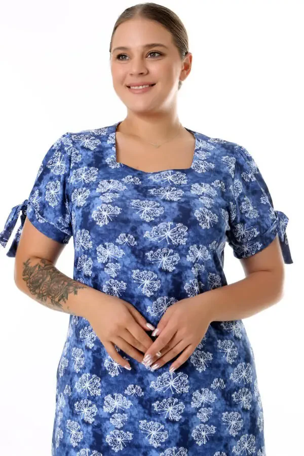 Kvadrat bo'yinli kapalak naqshli qisqa yengli yelka oynali fırfırli tizza ostidagi midi uzunlikdagi yuviladigan elastik ko'ylak - 8