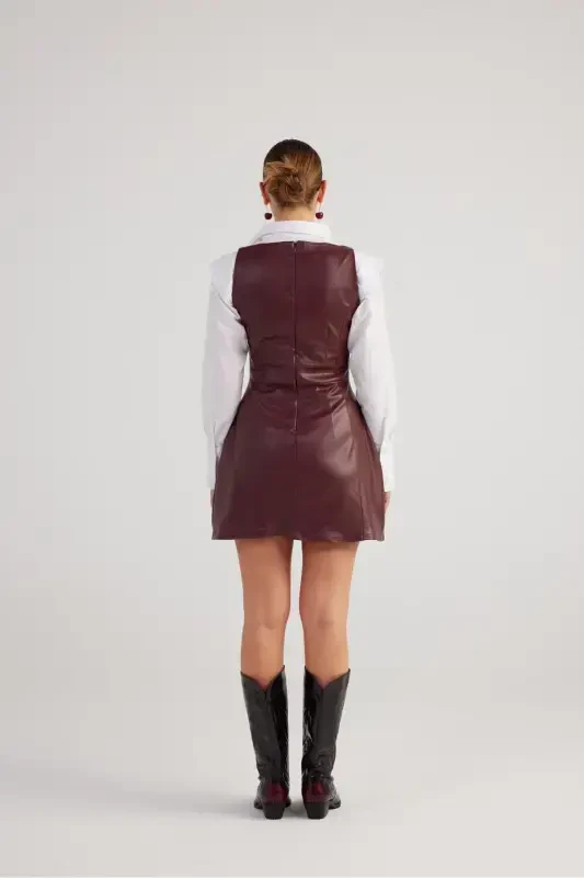 Kvadrat yoqali vegan charm Larissa ko'ylagi Bordo-Bordo - 5