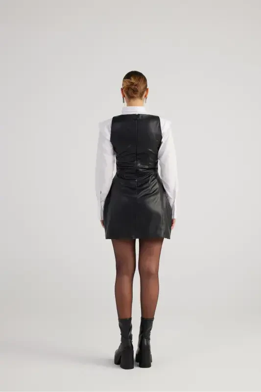 Kvadrat yoqali Vegan teri Larissa ko'ylagi Qora-Qora - 5