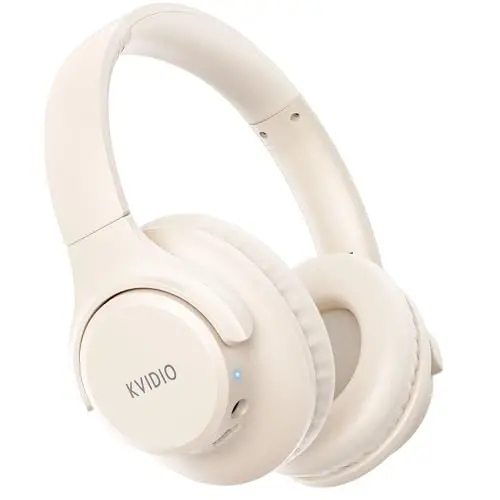 KVIDIO Bluetooth Headphones Over Ear, 65 Hours Playtime Headphones Wireless with Mic, Low Latency Foldable Lightweight Headset with Deep Bass, HiFi Stereo Sound Headphones for School Work (Beige) - 1