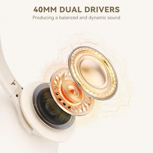 KVIDIO Bluetooth Headphones Over Ear, 65 Hours Playtime Headphones Wireless with Mic, Low Latency Foldable Lightweight Headset with Deep Bass, HiFi Stereo Sound Headphones for School Work (Beige) - 4