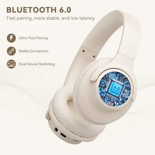KVIDIO Bluetooth Headphones Over Ear, 65 Hours Playtime Headphones Wireless with Mic, Low Latency Foldable Lightweight Headset with Deep Bass, HiFi Stereo Sound Headphones for School Work (Beige) - 5
