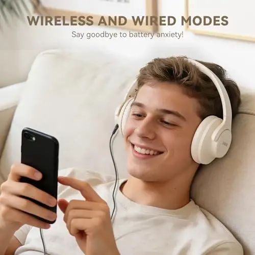KVIDIO Bluetooth Headphones Over Ear, 65 Hours Playtime Headphones Wireless with Mic, Low Latency Foldable Lightweight Headset with Deep Bass, HiFi Stereo Sound Headphones for School Work (Beige) - 6