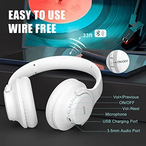 KVIDIO Bluetooth Headphones Over Ear, 65 Hours Playtime Wireless Headphones with Microphone, Foldable Lightweight Headset with Deep Bass, HiFi Stereo Sound Low Latency for Laptop PC Cellphone - 3