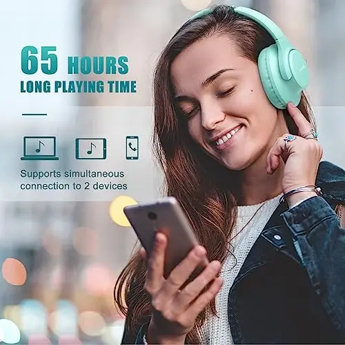 KVIDIO Bluetooth Headphones Over Ear, 65 Hours Playtime Wireless Headphones with Microphone, Foldable Lightweight Headset with Deep Bass, HiFi Stereo Sound Low Latency for Travel Work Cellphone - 5