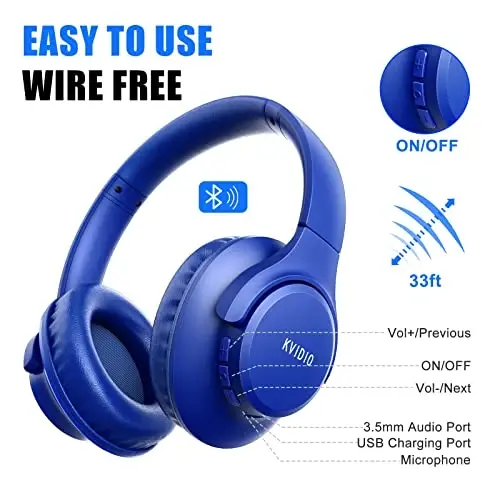 KVIDIO Bluetooth Headphones Over Ear, 65 Hours Playtime Wireless Headphones with Microphone, Foldable Lightweight Headset with Deep Bass, HiFi Stereo Sound Low Latency for Travel Work Cellphone - 5