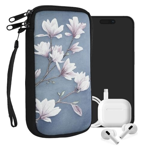 kwmobile XL o'lchamli smartfonlar uchun neopren qopqoq - 6.7/6.8'' - Zarba yutuvchi sumka qopqoq - Himoya qiluvchi telefon sumkasi - Magnolias To'q sariq/Oq/Moviy kulrang - 1