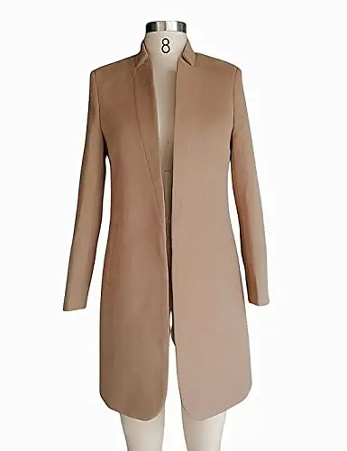 Kwoki Women's Stand Collar Open Front Pea Coat Casual Winter Warm Mid Long Blazer Trench Coats Overcoat Outerwear - 4