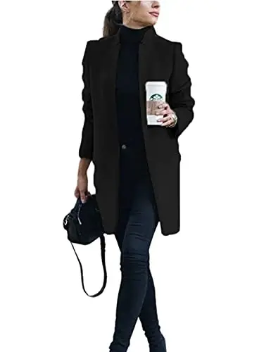 Kwoki Women's Stand Collar Casual Mid Long Winter Warm Wool Blend Pea Coat | Notched Lapel,Long Sleeve,Overcoat,Trenchcoat,Slim Fit,Open Front,Pockets,Spring,Fall,Autumn,Outfit,Blazer,Work Office Jacket - 1