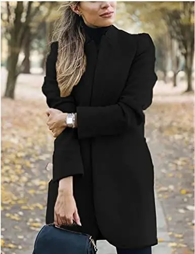 Kwoki Women's Stand Collar Casual Mid Long Winter Warm Wool Blend Pea Coat | Notched Lapel,Long Sleeve,Overcoat,Trenchcoat,Slim Fit,Open Front,Pockets,Spring,Fall,Autumn,Outfit,Blazer,Work Office Jacket - 2