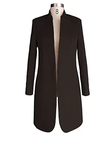 Kwoki Women's Stand Collar Casual Mid Long Winter Warm Wool Blend Pea Coat | Notched Lapel,Long Sleeve,Overcoat,Trenchcoat,Slim Fit,Open Front,Pockets,Spring,Fall,Autumn,Outfit,Blazer,Work Office Jacket - 3