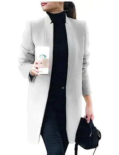 Kwoki Women's Stand Collar Casual Mid Long Winter Warm Wool Blend Pea Coat | Notched Lapel,Long Sleeve,Overcoat,Trenchcoat,Slim Fit,Open Front,Pockets,Spring,Fall,Autumn,Outfit,Blazer,Work Office Jacket - 1