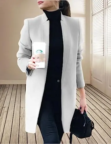 Kwoki Women's Stand Collar Casual Mid Long Winter Warm Wool Blend Pea Coat | Notched Lapel,Long Sleeve,Overcoat,Trenchcoat,Slim Fit,Open Front,Pockets,Spring,Fall,Autumn,Outfit,Blazer,Work Office Jacket - 2