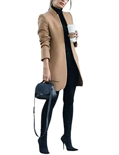Kwoki Women's Stand Collar Casual Mid Long Winter Warm Wool Blend Pea Coat | Notched Lapel,Long Sleeve,Overcoat,Trenchcoat,Slim Fit,Open Front,Pockets,Spring,Fall,Autumn,Outfit,Blazer,Work Office Jacket - 1