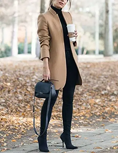 Kwoki Women's Stand Collar Casual Mid Long Winter Warm Wool Blend Pea Coat | Notched Lapel,Long Sleeve,Overcoat,Trenchcoat,Slim Fit,Open Front,Pockets,Spring,Fall,Autumn,Outfit,Blazer,Work Office Jacket - 2