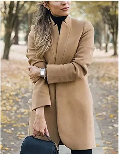 Kwoki Women's Stand Collar Casual Mid Long Winter Warm Wool Blend Pea Coat | Notched Lapel,Long Sleeve,Overcoat,Trenchcoat,Slim Fit,Open Front,Pockets,Spring,Fall,Autumn,Outfit,Blazer,Work Office Jacket - 3