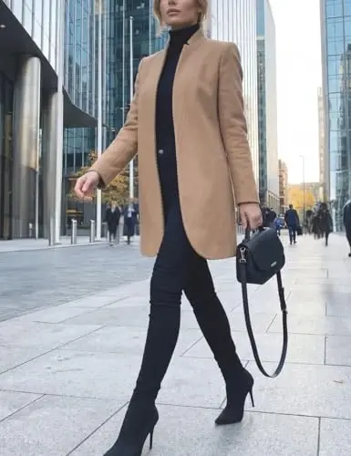Kwoki Women's Stand Collar Casual Mid Long Winter Warm Wool Blend Pea Coat | Notched Lapel,Long Sleeve,Overcoat,Trenchcoat,Slim Fit,Open Front,Pockets,Spring,Fall,Autumn,Outfit,Blazer,Work Office Jacket - 4