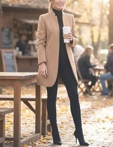 Kwoki Women's Stand Collar Casual Mid Long Winter Warm Wool Blend Pea Coat | Notched Lapel,Long Sleeve,Overcoat,Trenchcoat,Slim Fit,Open Front,Pockets,Spring,Fall,Autumn,Outfit,Blazer,Work Office Jacket - 5