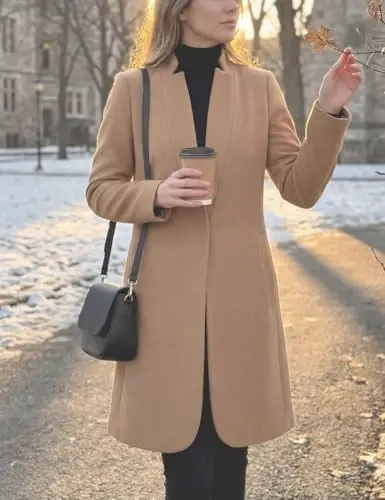 Kwoki Women's Stand Collar Casual Mid Long Winter Warm Wool Blend Pea Coat | Notched Lapel,Long Sleeve,Overcoat,Trenchcoat,Slim Fit,Open Front,Pockets,Spring,Fall,Autumn,Outfit,Blazer,Work Office Jacket - 6