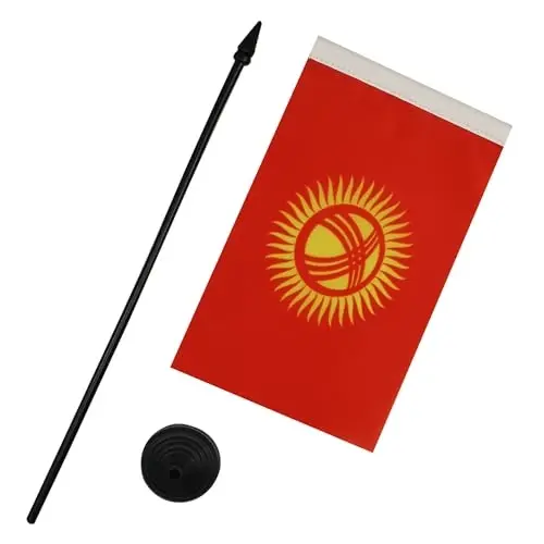 Kyrgyzstan Table Flag 4'' x 6'' - Kyrgystani Desk Flag 15 x 10 cm. - Black plastic stick and base - AZ FLAG - 3