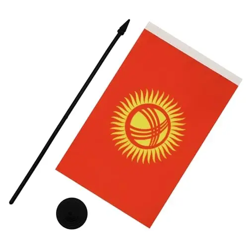 Kyrgyzstan Table Flag 5'' x 8'' - Kyrgystani Desk Flag 21 x 14 cm. - Black plastic stick and base - AZ FLAG - 3