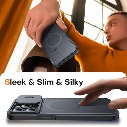 L K для iPhone 15 Pro чехол с подставкой, улучшенная [крышка камеры скольжения], прочный магнитный чехол, совместимый с MagSafe, защита от падений военного класса, черный, 6,1