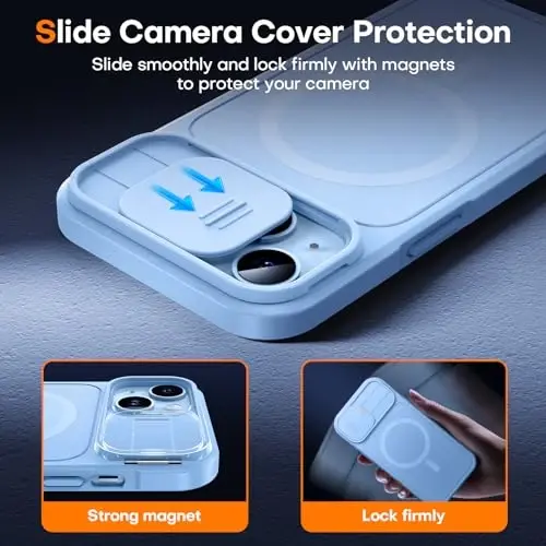 L K for iPhone 15 Case with Kickstand, Upgraded [Slide Camera Cover], Heavy Duty Magnetic Phone Case, Compatible with MagSafe, Military-Grade Drop Protection, Blue, 6.1