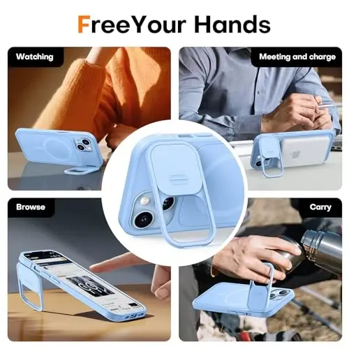 L K for iPhone 15 Case with Kickstand, Upgraded [Slide Camera Cover], Heavy Duty Magnetic Phone Case, Compatible with MagSafe, Military-Grade Drop Protection, Blue, 6.1