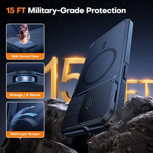 L K for iPhone 15 Pro Max Case with Kickstand, Upgraded [Slide Camera Cover], Heavy Duty Magnetic Phone Case, Compatible with MagSafe, Military-Grade Drop Protection, Blue, 6.7