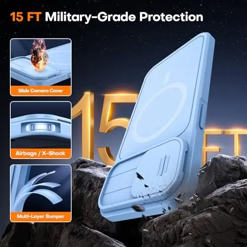 L K iPhone 15 uchun g'ilof, tayanchli, [suriluvchi kamera qopqog'i] yangilangan, og'ir magnit telefon g'ilofi, MagSafe bilan mos, harbiy darajadagi tushishdan himoya, ko'k, 6.1