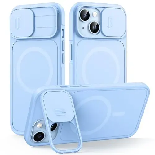 L K iPhone 15 uchun g'ilof, tayanchli, [suriluvchi kamera qopqog'i] yangilangan, og'ir magnitli telefon g'ilofi, MagSafe bilan mos, harbiy darajadagi tushishdan himoya, ko'k, 6.1