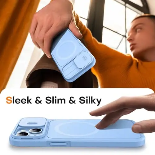 L K iPhone 15 uchun g'ilof, tayanchli, [suriluvchi kamera qopqog'i] yangilangan, og'ir magnitli telefon g'ilofi, MagSafe bilan mos, harbiy darajadagi tushishdan himoya, ko'k, 6.1
