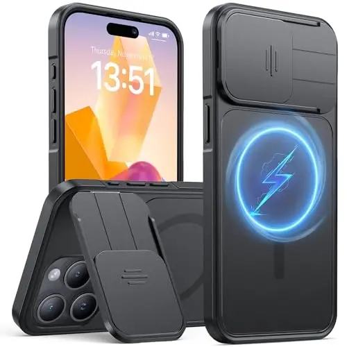 L Kickstand bilan iPhone 15 Pro uchun g‘ilof, [Suriluvchi kamera qopqog‘i] yangilandi, Magnitli kuchli telefon g‘ilofi, MagSafe bilan mos, harbiy darajadagi zarbadan himoya, qora, 6,1