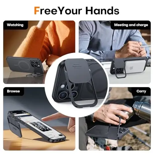 L Kickstandli iPhone 15 Pro Max uchun g'ilof, yangilangan [Surma kamera qopqog'i], og'ir magnit telefon g'ilofi, MagSafe bilan mos, harbiy darajadagi tushishdan himoya, qora, 6,7