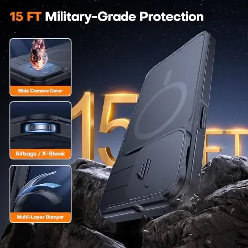 L Kickstandli iPhone 15 Pro Max uchun g'ilof, yangilangan [Surma kamera qopqog'i], og'ir magnit telefon g'ilofi, MagSafe bilan mos, harbiy darajadagi tushishdan himoya, qora, 6,7