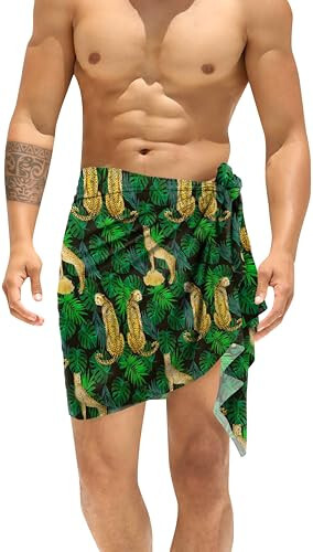 LA LEELA Men's Lava Lava Hawaiian Vacation Sarongs, Summer Beach Cover Up, Swimwear, Holidays Pareo Beachwear, One Size, Cheetah Leafs, Green - 3