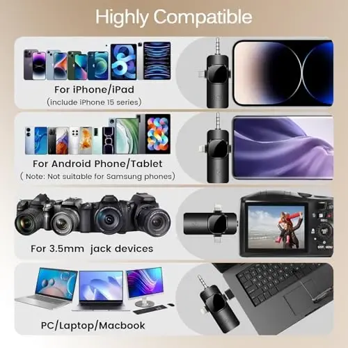 Labstandard iPhone, iPad, mini Video yozuv mikrofoni uchun simsiz lavalier ko'krak mikrofoni, intervyu video podcast vlog YouTube & Livestream uchun shovqinni kamaytirish, Plug & Play (3-in-1 port) - 6