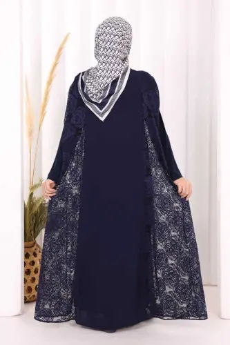 Lace Abaya 7884 Navy Blue - 3