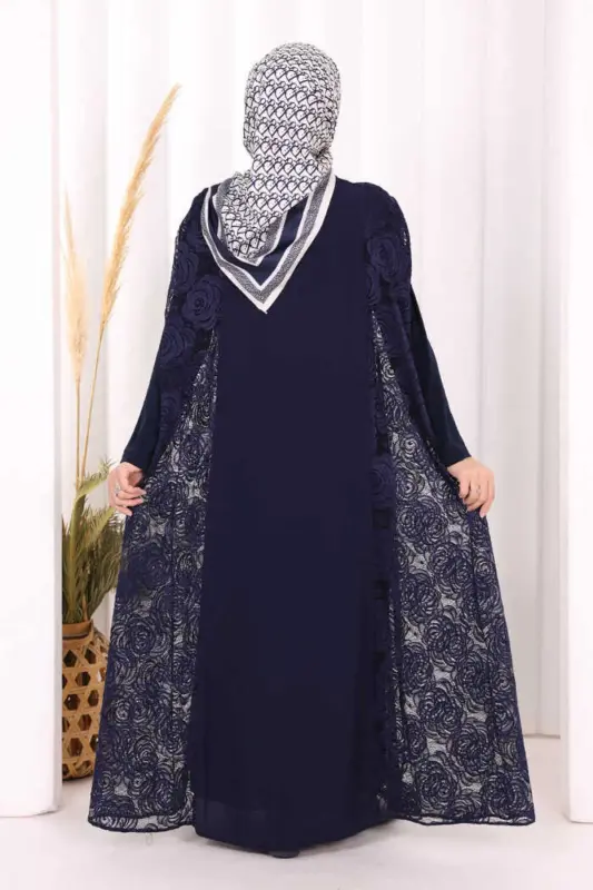 Lace Abaya 7884 Navy Blue - 3