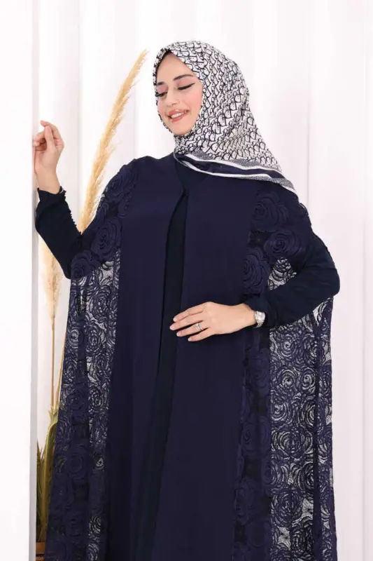 Lace Abaya 7884 Navy Blue - 4
