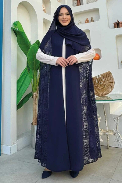 Lace Abaya 7884 Navy Blue - BYM FASHION