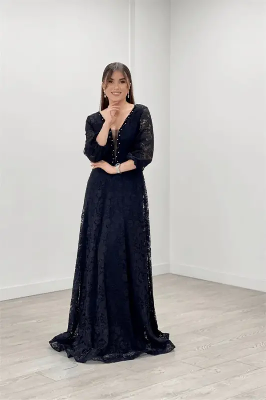 Lace Applique Fabric Beaded Bust Detailed Flared Evening Dress - BLACK - BÜYÜKBEDENIZ
