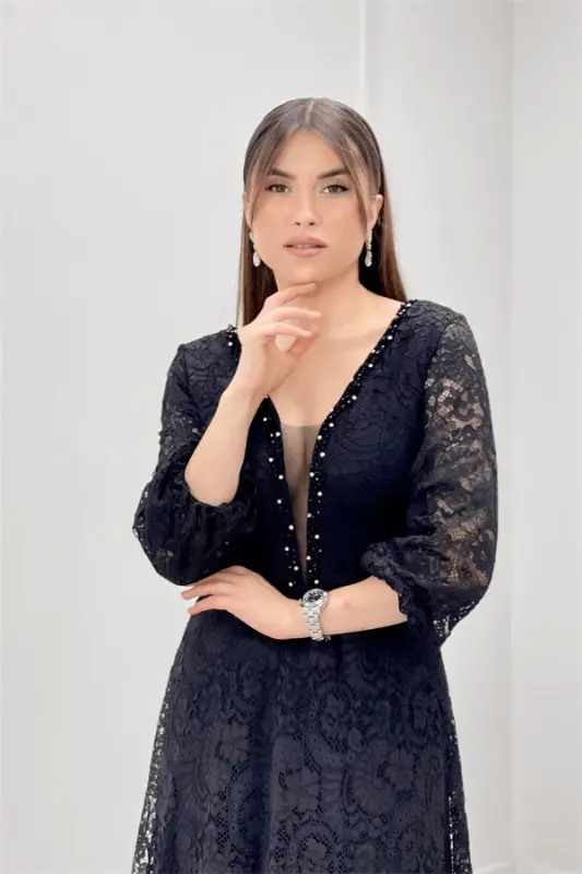 Lace Applique Fabric Beaded Bust Detailed Flared Evening Dress - BLACK - 3